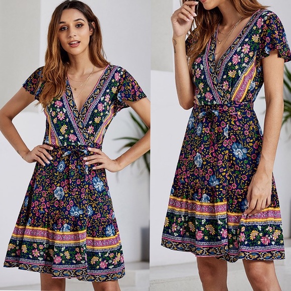 Moody Floral Wrap Dress Blue Boho Mini Dress - Picture 4 of 7